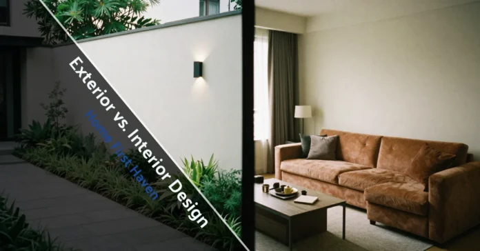 Exterior vs. Interior Design comparison showing modern home facade with matching interior living room cohesive aesthetic