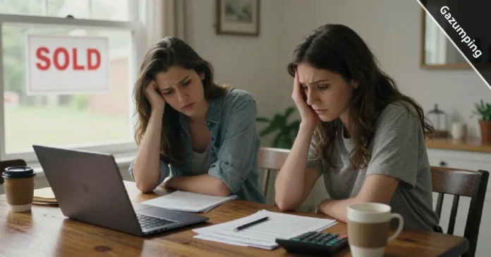 Couple experiencing gazumping while buying a house looking at property documents with disappointed expressions