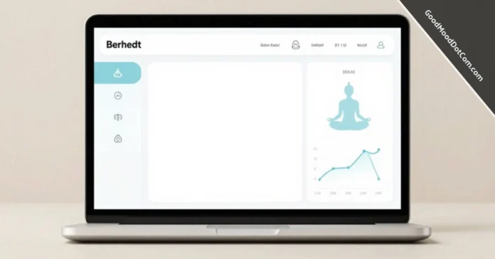 GoodMoodDotCom.com mental wellness platform dashboard showing mood tracking tools and travel guides on laptop screen