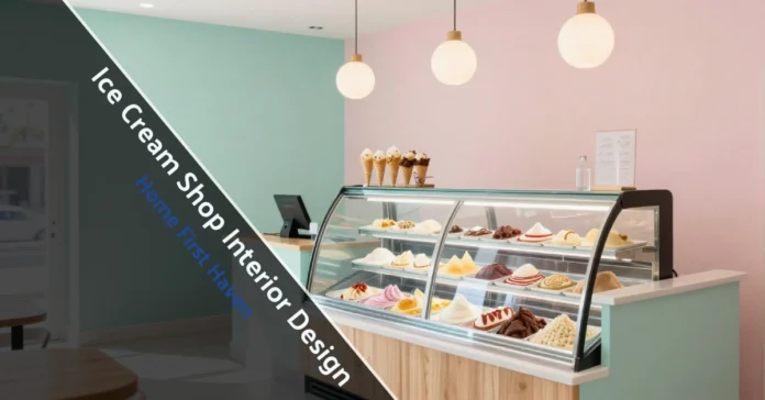 Modern ice cream shop interior design with pastel colors, glass display case, and welcoming customer seating area