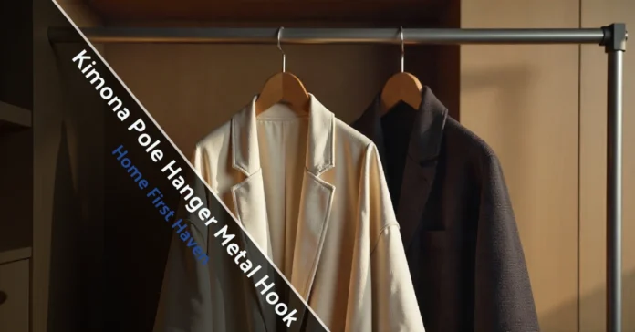 Kimona Pole Hanger Metal Hook holding heavy coat securely, preventing wrinkles and shoulder damage in closet storage.