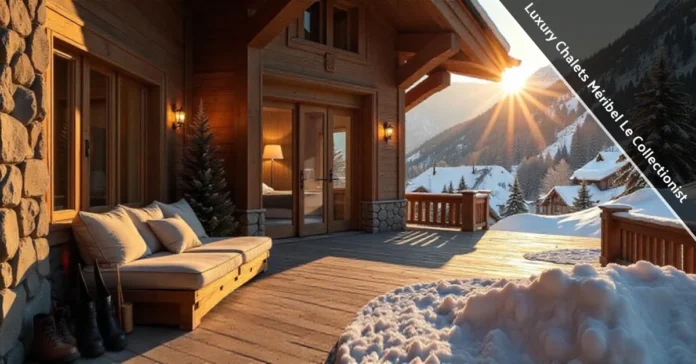 Luxury Chalets Méribel Le Collectionist with wooden architecture, jacuzzi terrace, and mountain views at sunset