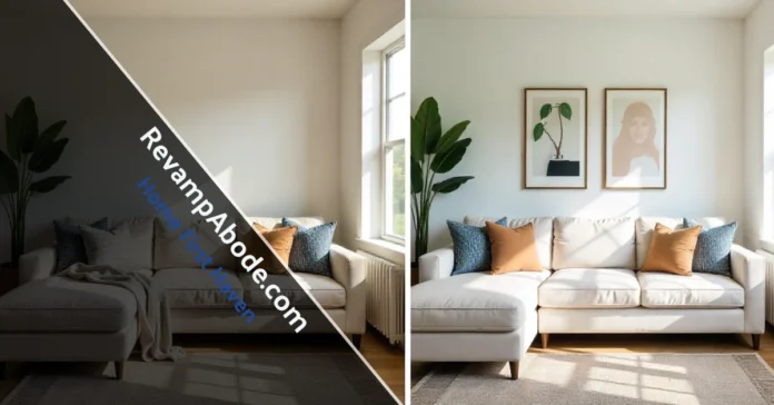 RevampAbode.com budget living room transformation showing before and after affordable home improvement results