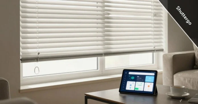 Shuttergo motorized plantation shutters with AI-powered smart automation controlling natural light in a contemporary living room with voice and app integration