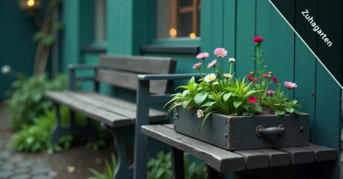 Zuhagarten personal garden sanctuary with potted herbs flowers and wooden bench for mental wellness and stress relief