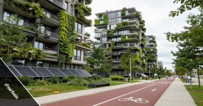 Axurbain sustainable smart city with green buildings vertical gardens and pedestrian walkways showing modern urban living