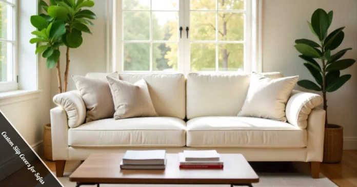 Custom slip covers for sofas fitted on modern three-seat couch in bright living room with neutral fabric