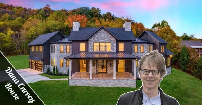 Dana Carvey house Mill Valley exterior showing contemporary design with wood stone facade and hillside placement