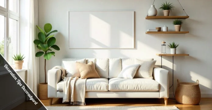 Decoration Tips Decoradyard living room with plants, layered lighting, textured fabrics, and smart storage solutions