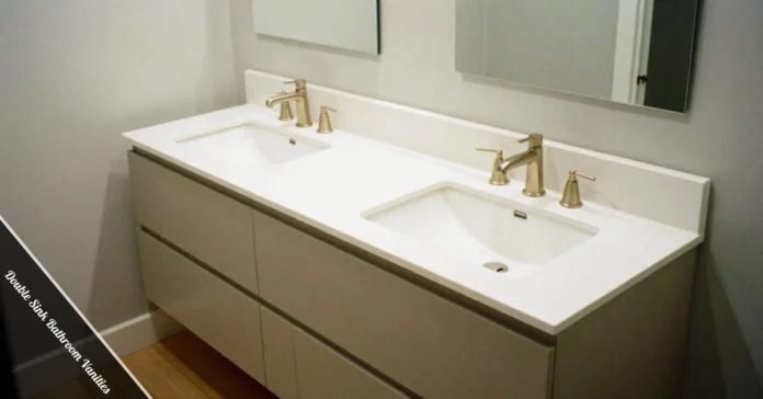 Double sink bathroom vanities with white cabinets, quartz countertop, and two undermount sinks with modern faucets and mirror lighting