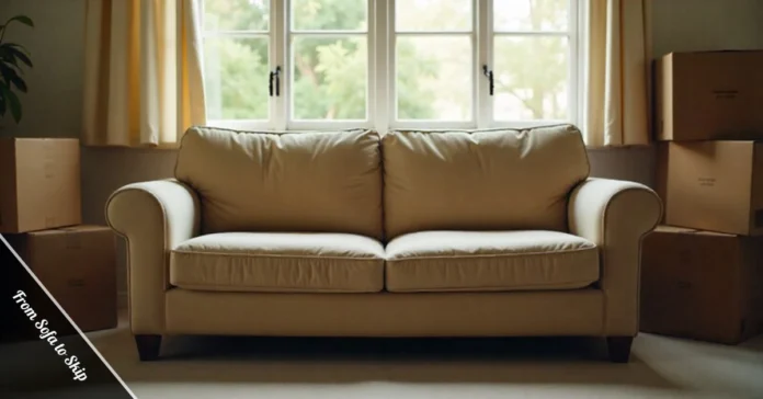 old worn couch ready for disposal sitting in empty living room showing how to get rid of furniture