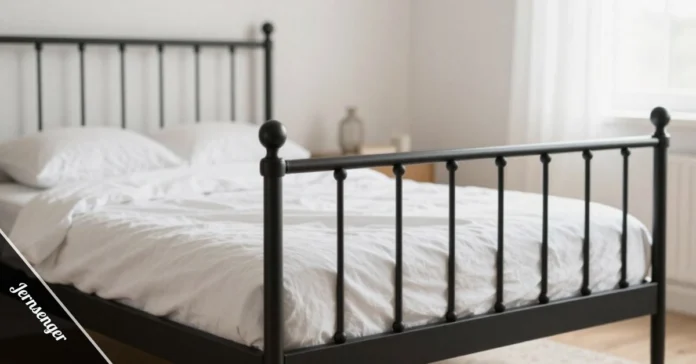 Jernsenger iron bed frame in modern bedroom with minimalist design and white bedding