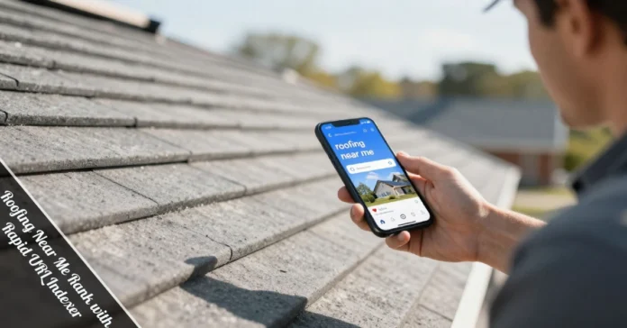 Roofing Near Me Rank with Rapid URL Indexer showing contractor using digital SEO tools on residential roof project