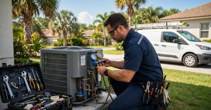Air conditioning repair in Riverview, FL – HVAC technician fixing an outdoor AC unit for fast cooling.