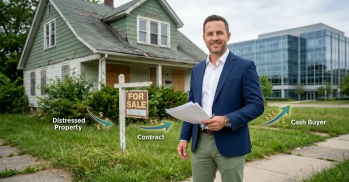 Real estate wholesaler holding contract in front of distressed property with cash buyer opportunity