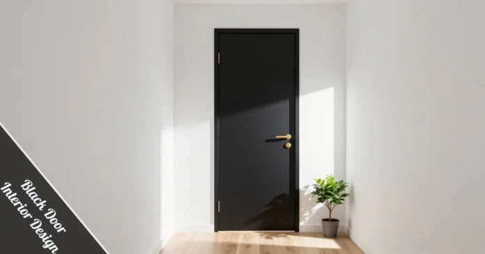 Modern black door interior design in minimalist hallway with white walls and brass hardware creating bold contrast