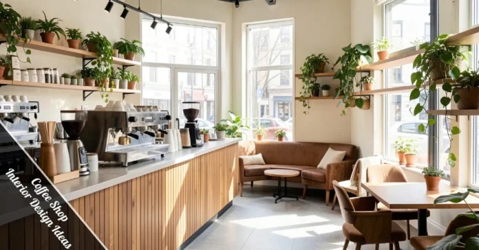 Coffee shop interior design ideas with modern furniture, warm lighting, customers working in inviting atmosphere