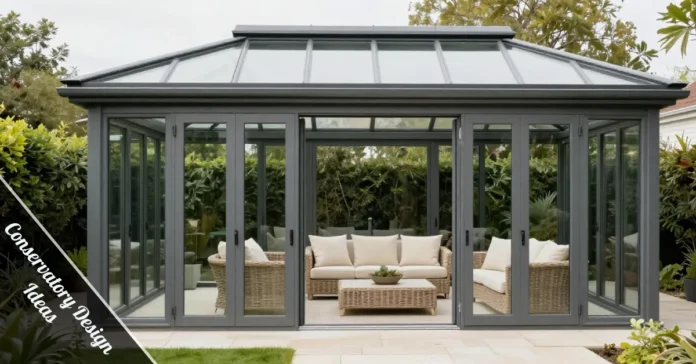 Conservatory Design Ideas featuring modern glass extension with bifold doors opening to garden and natural light