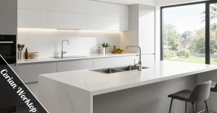 Seamless Corian worktop with integrated sink and waterfall edge in modern white kitchen interior design