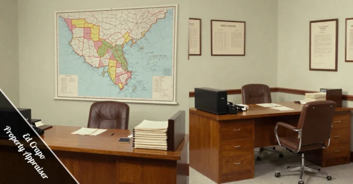 A professional portrait of the Ed Crapo Property Appraiser with a modern office and Alachua County maps in the background.