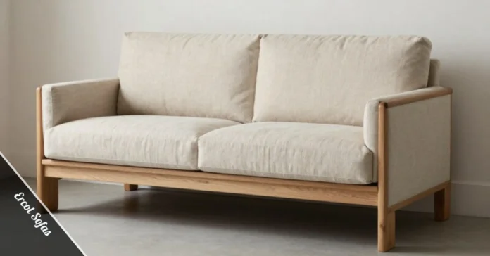Ercol sofa with exposed oak frame and tapered legs in modern British living room with natural lighting