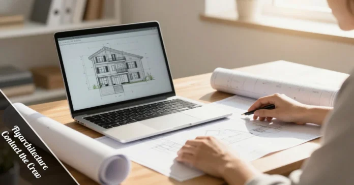 FlyArchitecture contact the crew workspace with blueprints, laptop displaying building, and professional planning.