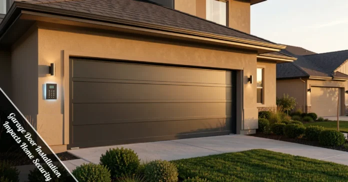 Garage Door Installation Impacts Home Security with reinforced steel door and smart lock system on a modern home.