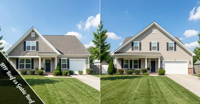 HIP Roof vs Gable Roof comparison showing two homes with different roof styles side by side in suburban neighborhood