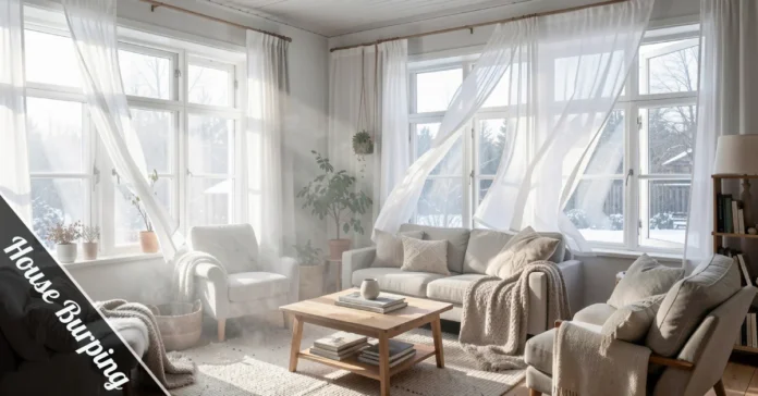 House burping ventilation practice with open windows allowing fresh air to circulate through bright modern home interior.
