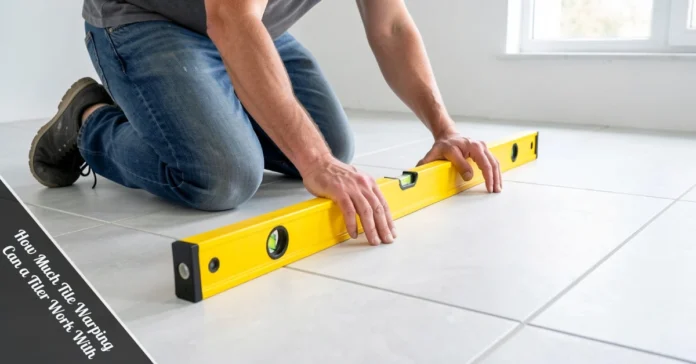 How much tile warping can a tiler work with shown as tiler using yellow spirit level on grey porcelain floor tiles during installation.