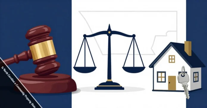 North Carolina property division in divorce showing balanced scales and gavel representing equitable distribution not community property state
