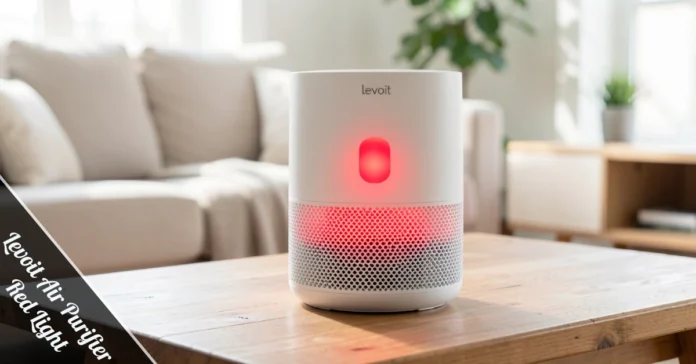 Levoit Air Purifier Red Light indicator glowing on white device control panel in modern living room