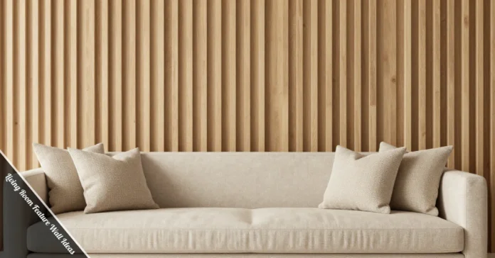 A modern living room with a wood slat feature wall and neutral sofa in warm tones