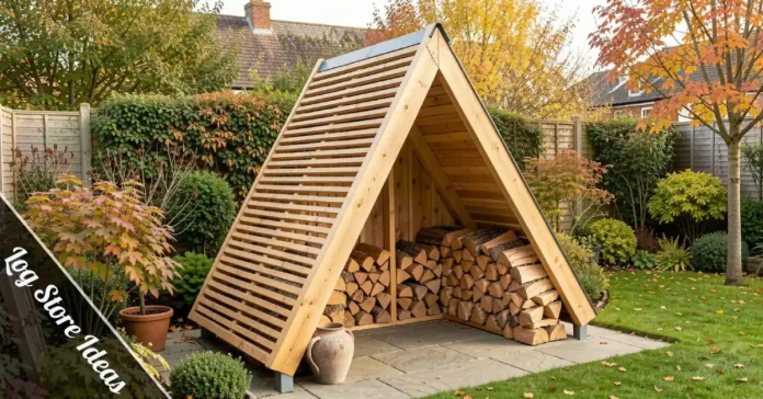 Triangular log store ideas in garden corner with stacked firewood