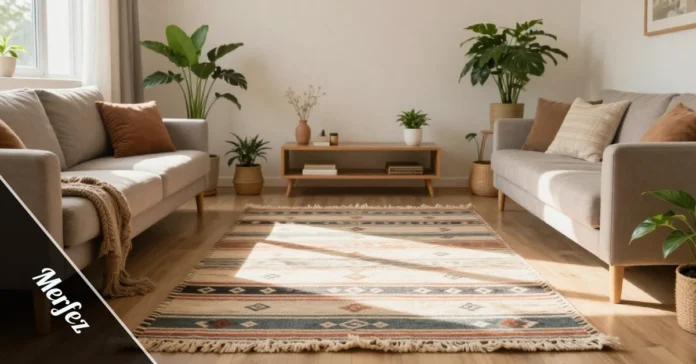 Merfez handcrafted boho rug in earthy tones styled in a cozy modern living room