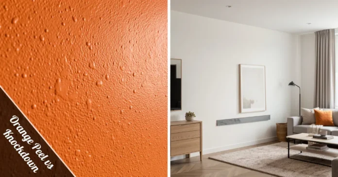 Close-up comparison of Orange Peel vs Knockdown drywall texture on interior walls with different depth and finish styles.