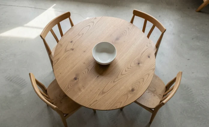 Round wood dining table with pedestal base in a dining room setting