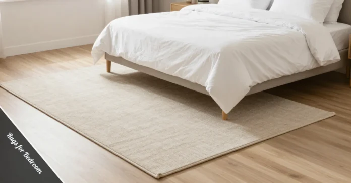 Large neutral area rug placed under a queen bed in a cozy, well-lit bedroom