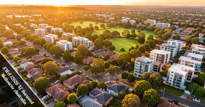 swa 12626 xe burwood melbourne australia suburb aerial view with parks homes and CBD skyline