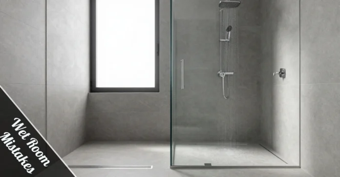 Modern wet room with linear drain and grey tiles showing proper installation without wet room mistakes
