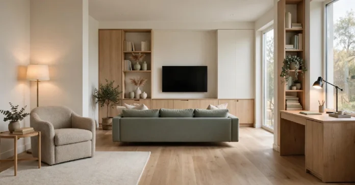 Homeware Zone living room with a rug, floor lamp, reading chair and storage shelves