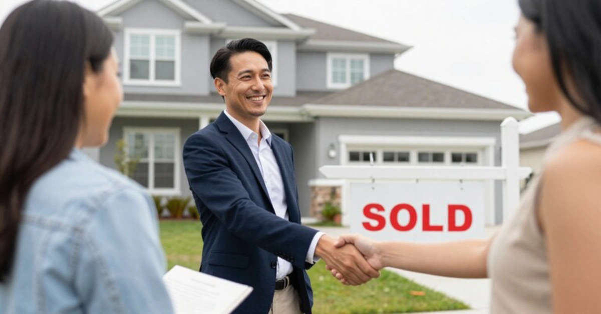 Low commission real estate agent celebrating successful home sale with clients 