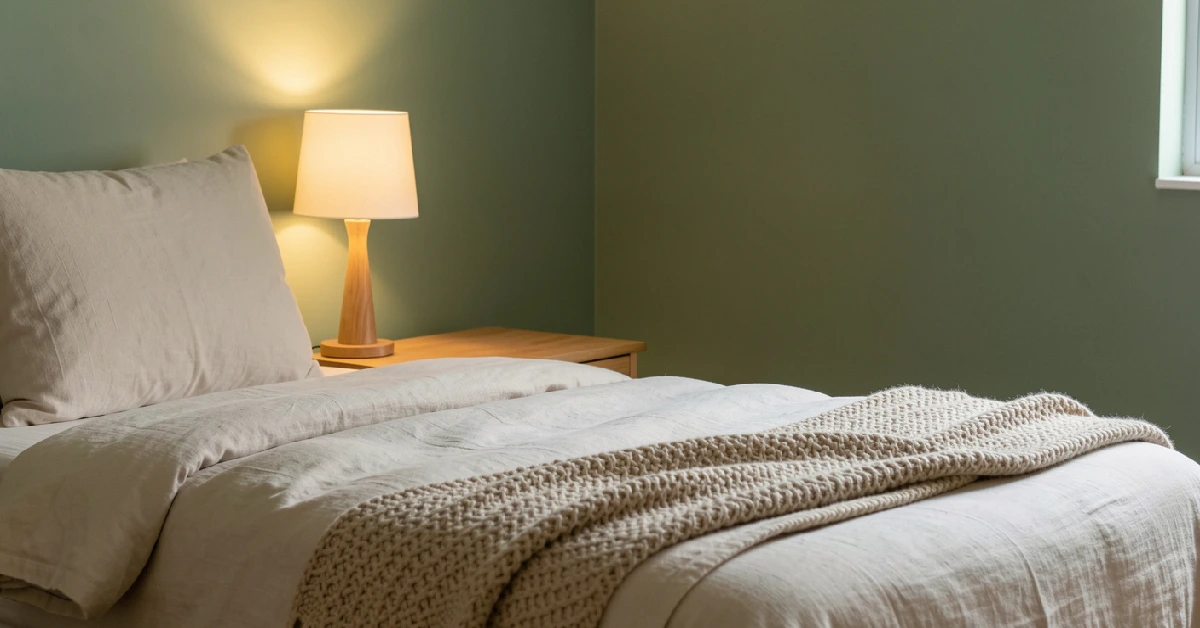 Sage green bedroom with off-white bedding and warm lamp light on a wooden nightstand 