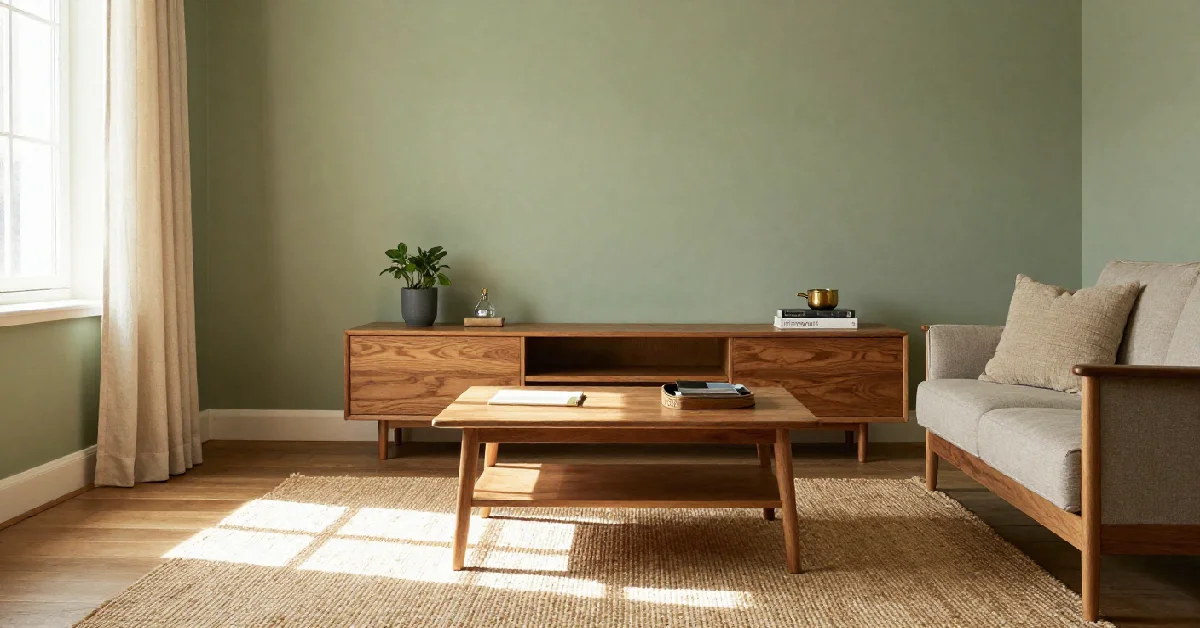 Sage green living room with warm wood furniture and cream linen curtains