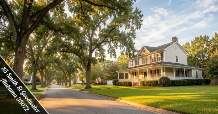 85 Smith St Goodwater Alabama 35072 — peaceful tree-lined residential street with Southern homes and mature oak trees in Coosa County.