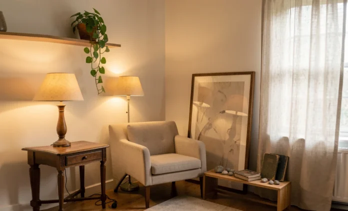 Cozy living room styled with alternative home décor mixing vintage furniture, plants, and personal objects