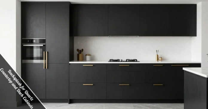 Backsplash for quartz countertop and dark cabinets — white herringbone tiles with espresso cabinets and LED lighting.