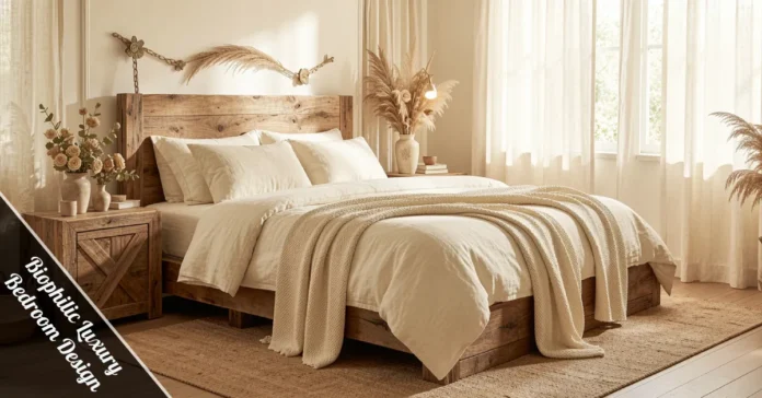 Biophilic Luxury Bedroom Design featuring wood headboard, monstera plant, sheer linen curtains, and earth-tone walls.