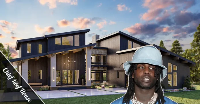 Chief Keef House backyard resort with sparkling infinity pool, spa, waterfall, and fire pit overlooking the mountains.