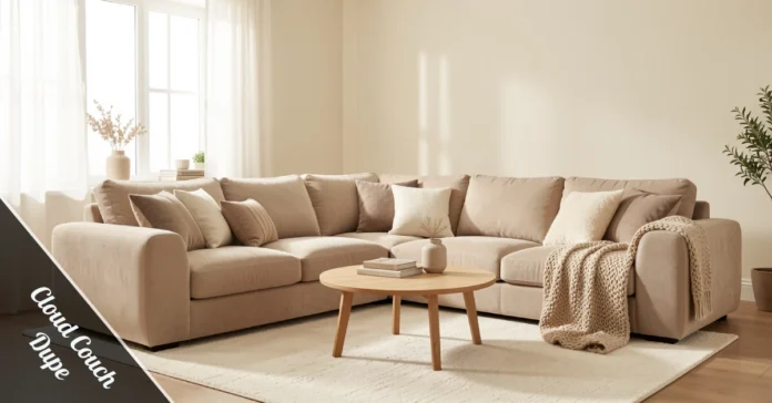 Beige modular Cloud Couch Dupe in a cozy living room with neutral throw pillows and a round coffee table — affordable luxury sofa.